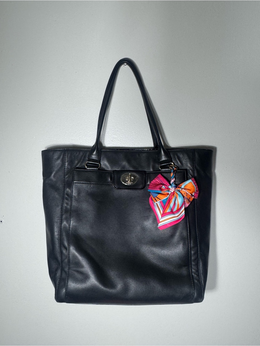 Kate Spade Black Leather Tote Bag with Colorful Scarf Accent